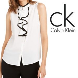 Calvin Klein Sleeveless Piped Ruffle Button Blouse